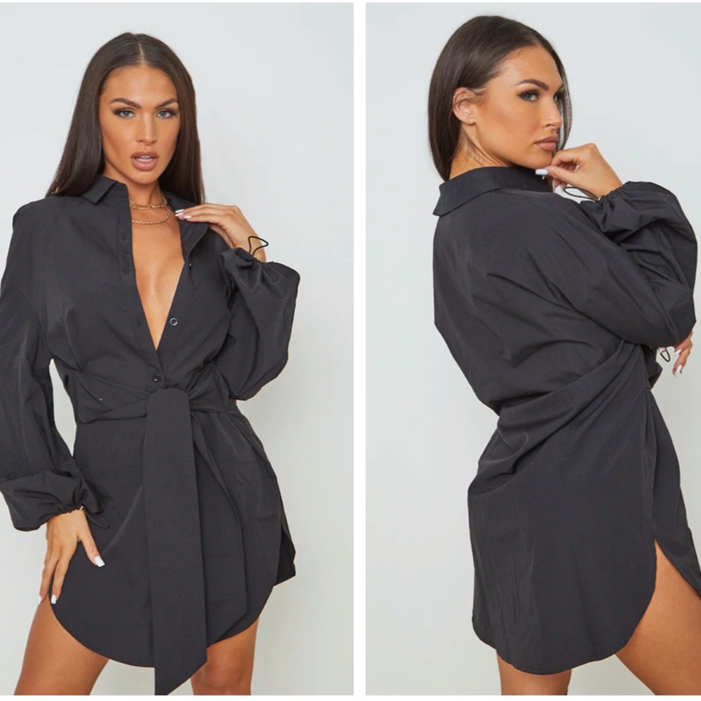 Black Tie Waist Elasticated Puff Cuff Shirt Dress